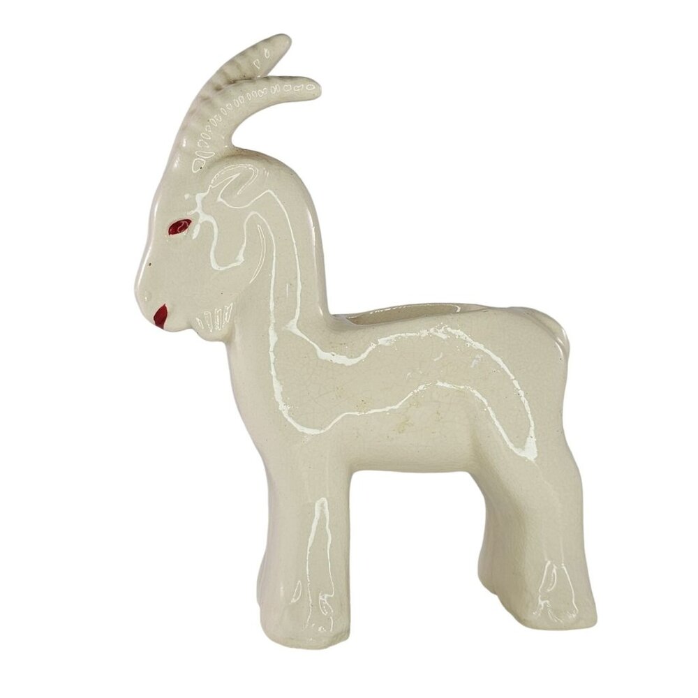 Shawnee Pottery Goat Planter White Cream Glaze Red Eyes Mouth Unique Vintage